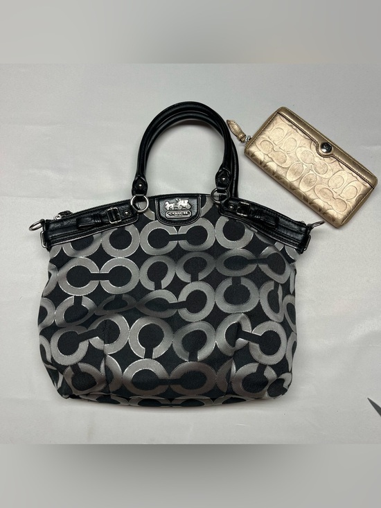 Coach Handbags - Coach MADISON OP-ART Signature Canvas Black Shoulder Tote Handbag Wallet Set